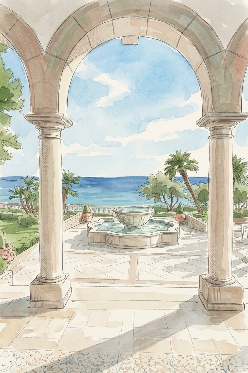 Arched stone terrace with a fountain looking out to the sea