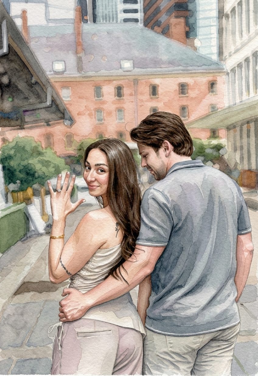 Watercolor of Connor and Sarah showing off the engagement ring on a city street