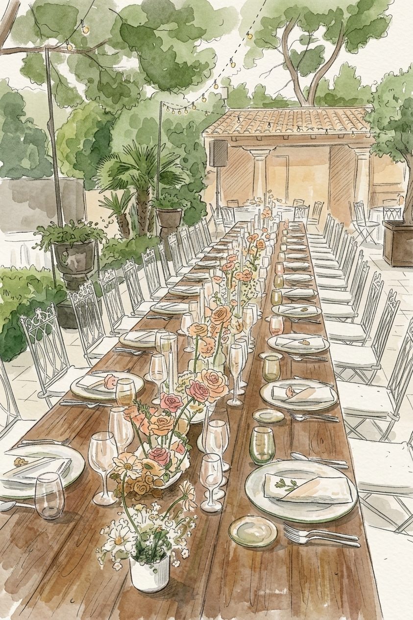 Long outdoor dinner table with flowers under string lights